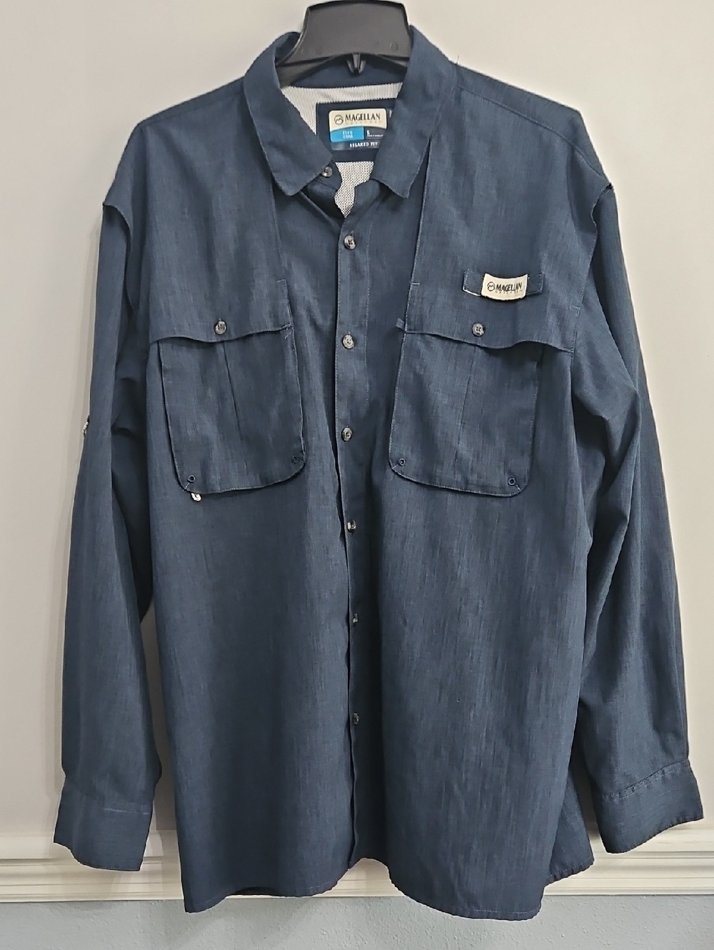 Magellan Outdoors Men’s Long-Sleeve Button-Down Shirt in Navy Blue